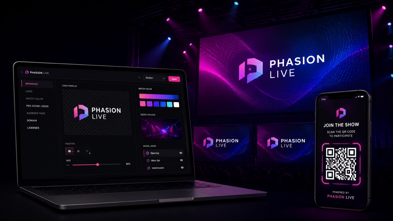 Phasion Live with sponsor and venue logo overlays composited over a live audio-reactive visual, color-matched to the scene palette