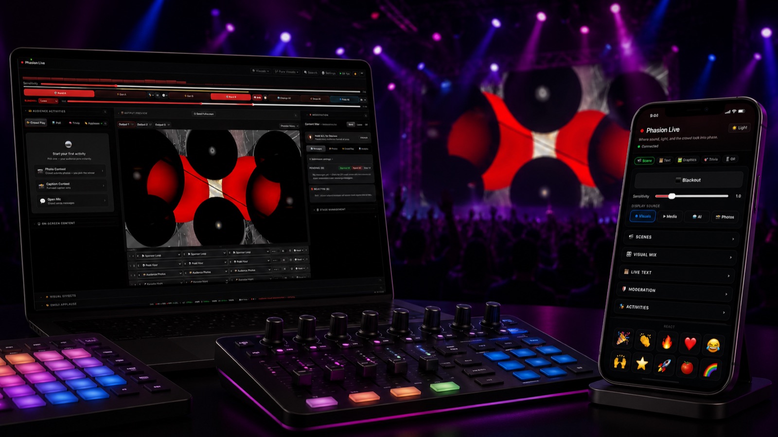 Phasion Live's MIDI mapping panel — each row binds a MIDI note or CC to an in-app action like scene change, mashup roll, or audience overlay toggle