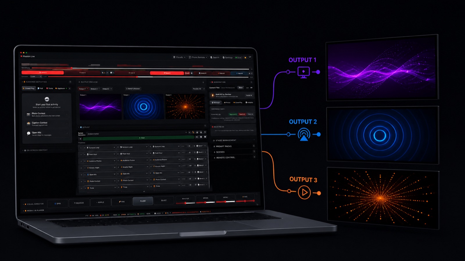 Phasion Live controls window with three active outputs in the tab strip, each running a different audio-reactive preset