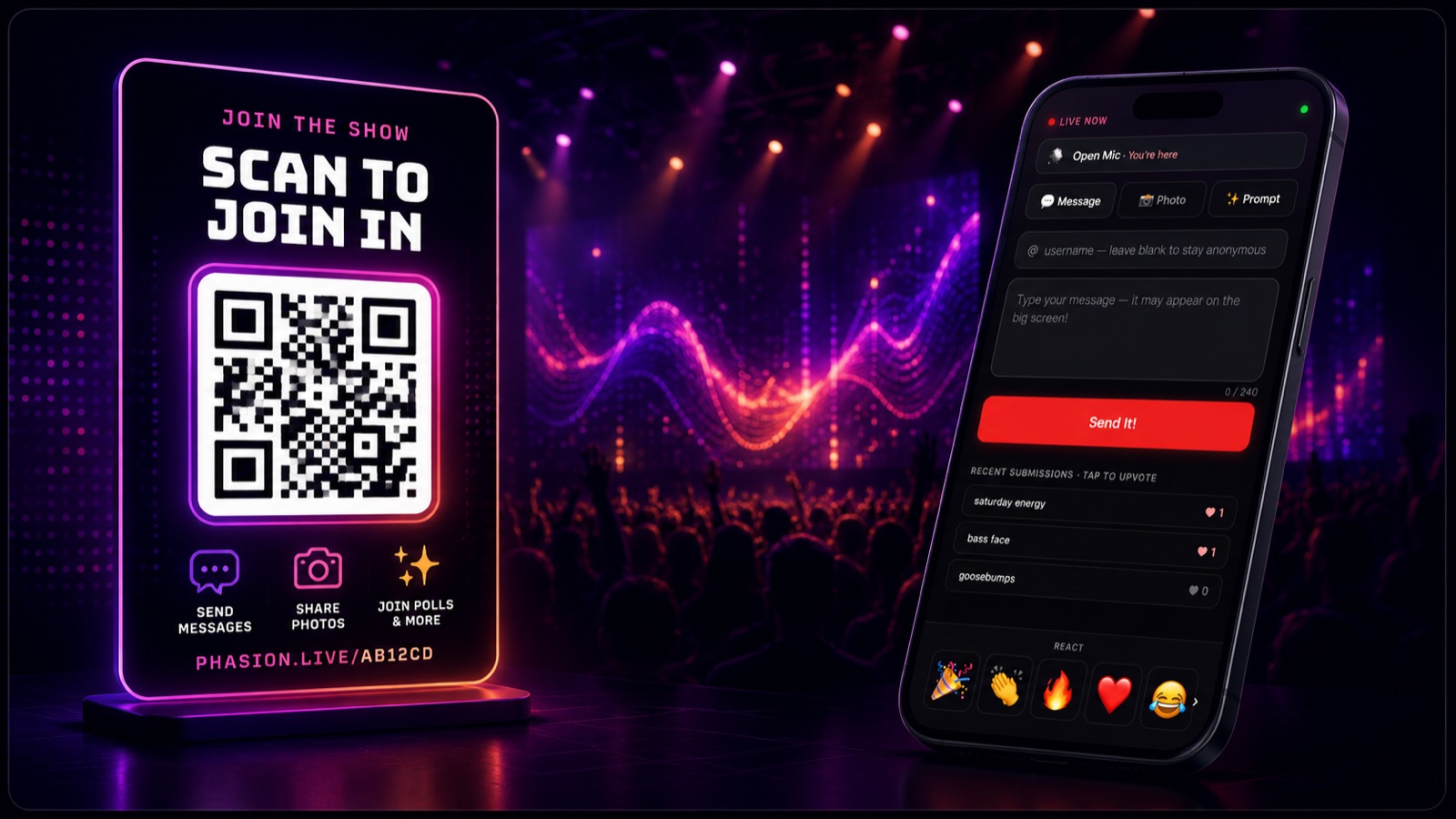 Phasion Live's audience QR code panel — scannable by every phone in the room to join the live show